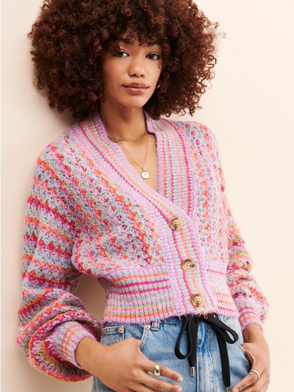Cropped Pink Multicolor V-Neck Knit Cardigan